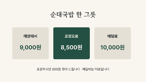 매장·포장·배달 값 — 가로 화면 · 세 통로 나란히