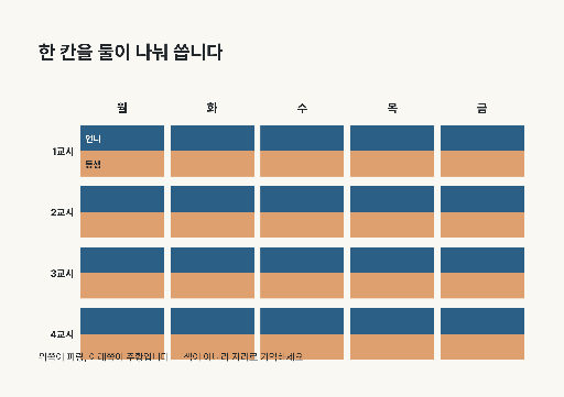 둘이 나눠 쓰는 시간표 — A4 가로 · 칸 안이 위아래로 갈린 격자