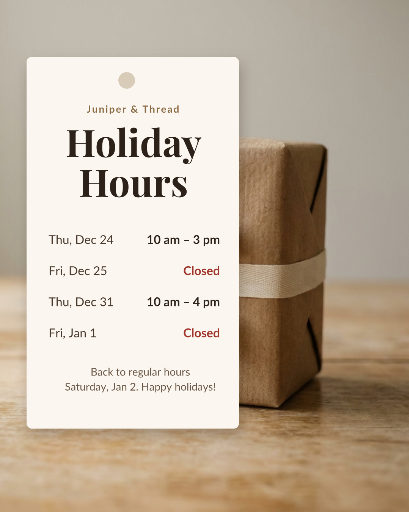 Holiday hours gift tag