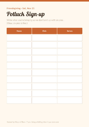 Friendsgiving potluck sign-up sheet
