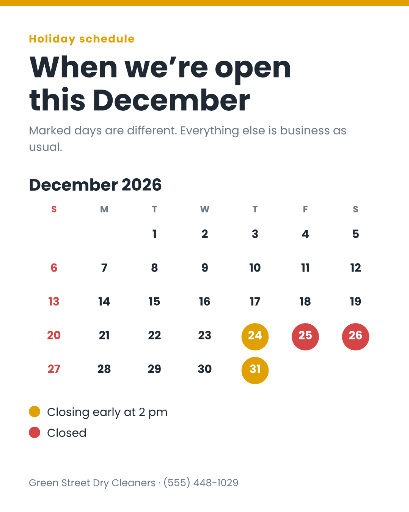 December holiday schedule calendar