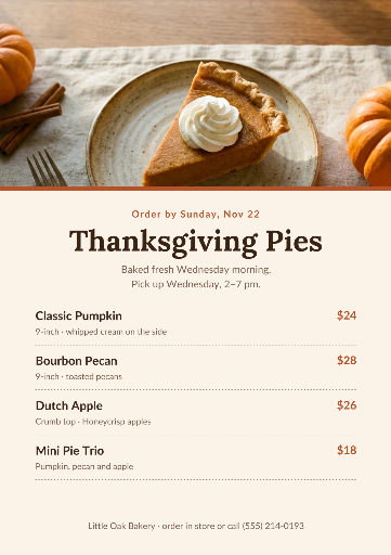Thanksgiving pie pre-order menu