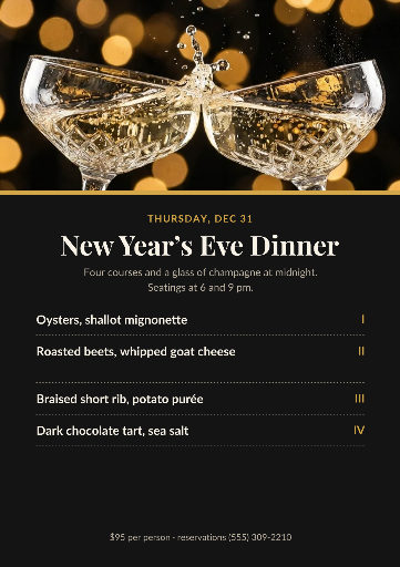 New Year’s Eve dinner menu