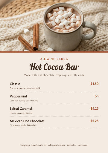 Hot cocoa bar menu
