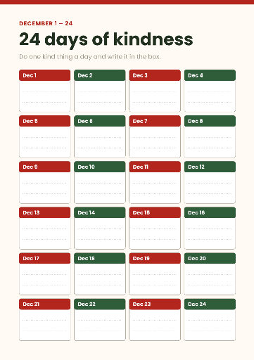 24 days of kindness calendar