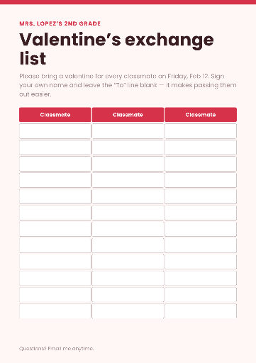Valentine’s class exchange list