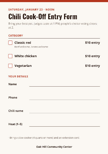 Chili cook-off entry form