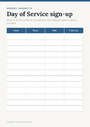 MLK Day of Service sign-up sheet