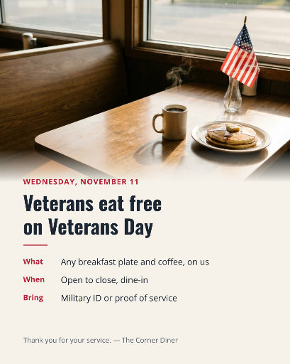 Veterans eat free diner post