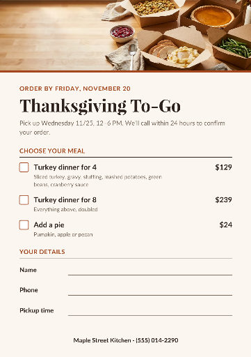 Thanksgiving to-go order form