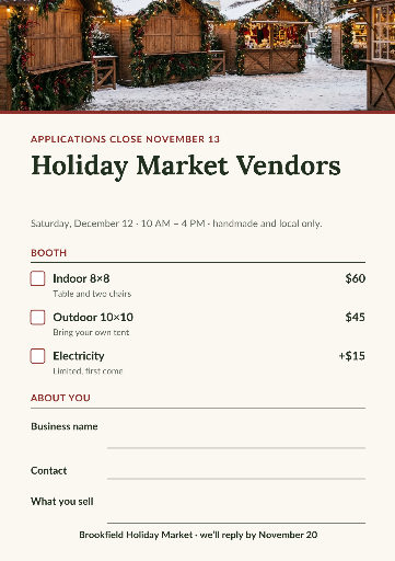 Holiday market vendor application