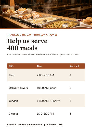 Thanksgiving volunteer shifts