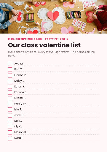 Class valentine list