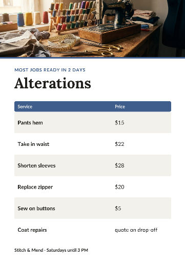 Alterations price list