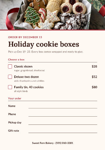 Holiday cookie box order form