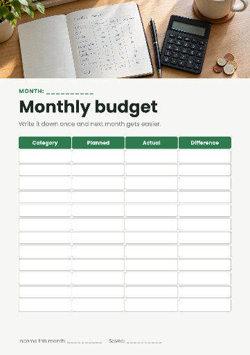 Monthly budget worksheet