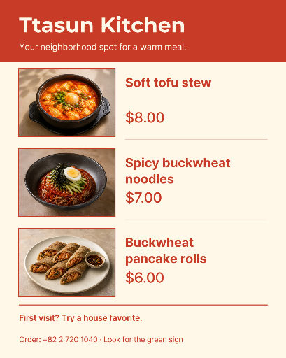 Korean comfort food restaurant menu
