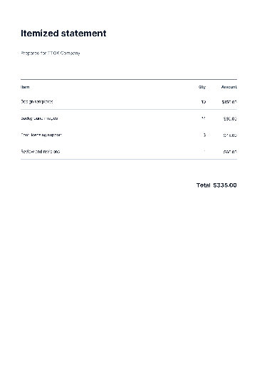 Itemized statement with quantity and amount columns
