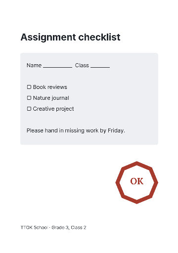 School assignment hand-in checklist