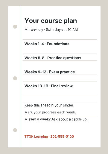 Sixteen-week course plan binder sheet