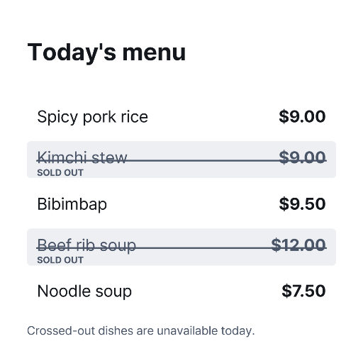 Daily Korean menu with sold-out rows