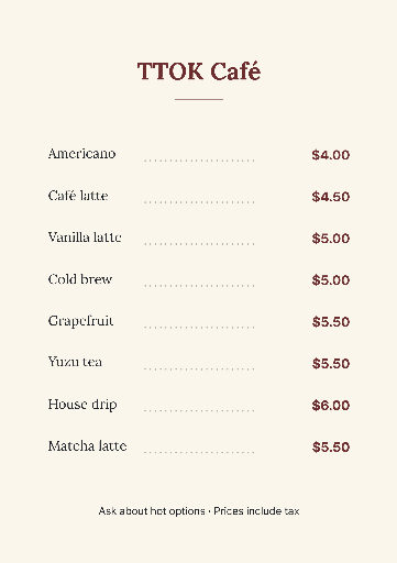 Classic A4 cafe menu with dotted leaders