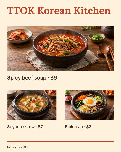 Korean kitchen menu