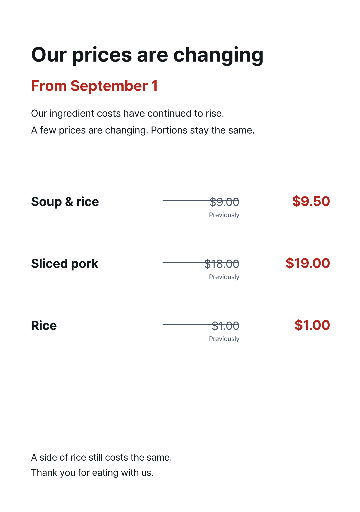 Restaurant price update notice with old and new prices