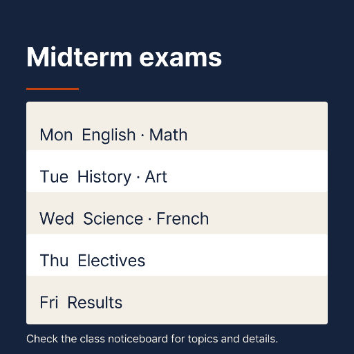 Five-day midterm exam timetable