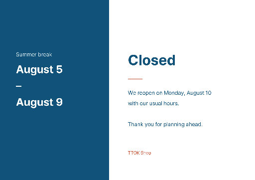 Summer closure notice in blue