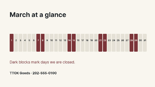 March Shop Closure Calendar