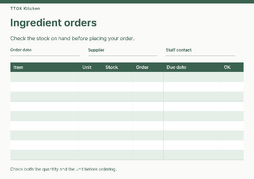 Kitchen ingredient order sheet