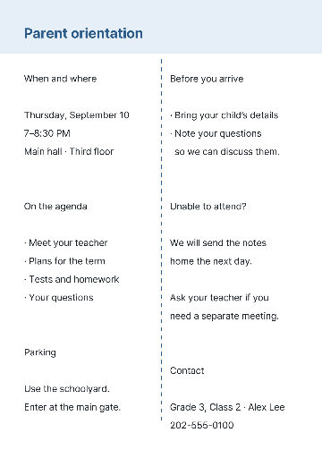Parent orientation information leaflet