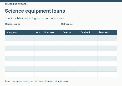 Science equipment loan log