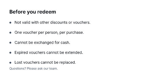 Coupon terms reverse-side card