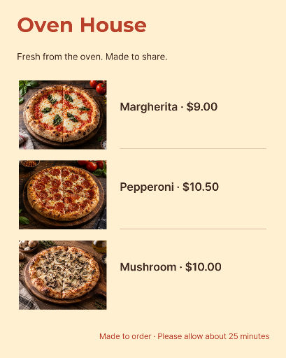 Three-pizza restaurant photo menu