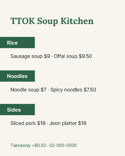 Green Korean rice and noodle menu