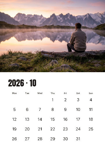 October 2026 mountain lake calendar