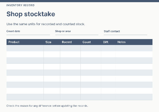 Shop inventory count sheet