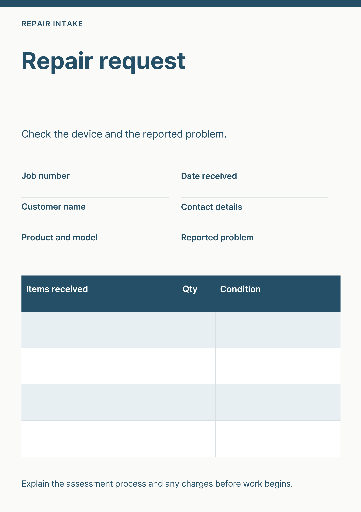 Appliance repair intake and collection record