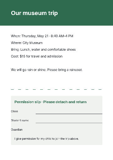 School field trip notice and permission slip