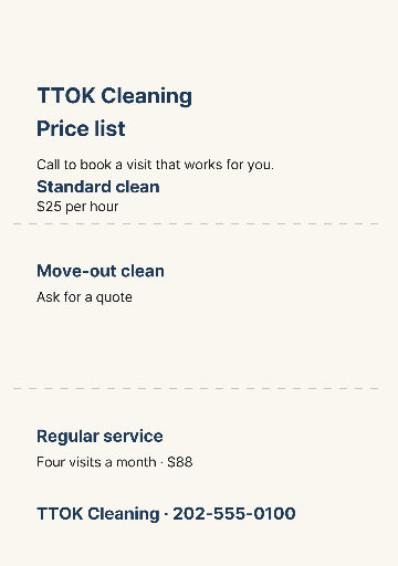 Cleaning Services Price Leaflet