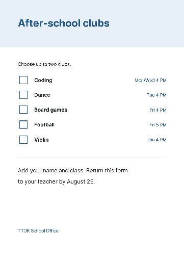 After-school club sign-up sheet