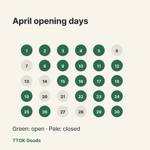 April Shop Opening Calendar