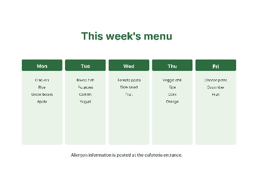 Five-day school lunch menu