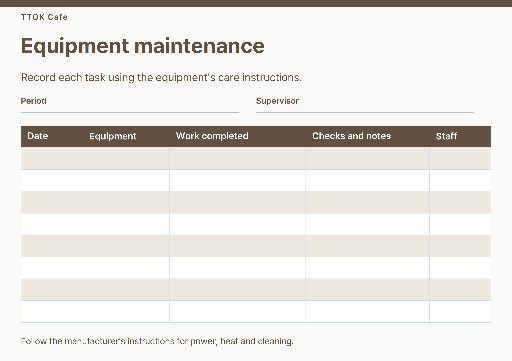 Cafe equipment maintenance log