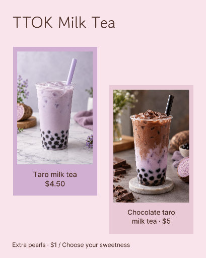 Taro milk tea menu