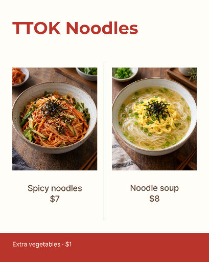 Noodle restaurant menu