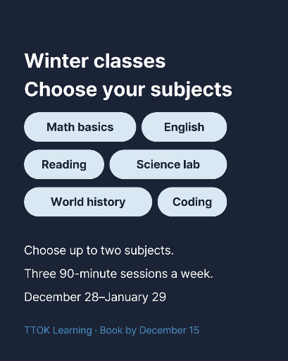 Winter class subject selection card