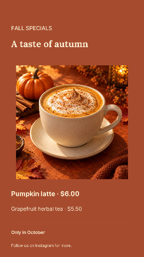 Autumn pumpkin latte seasonal menu